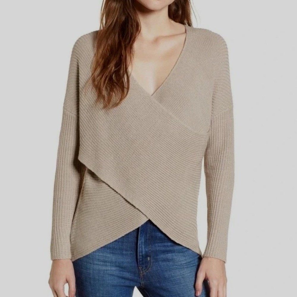 ASTR The Label Taupe Ribbed Wrap Surplice V-Neck Sweater Small